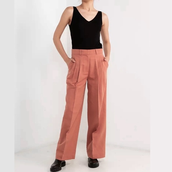 & Other Stories Relaxed Straight Leg Pleated Tailored Trousers Rust Red Size 4 - Picture 3 of 16